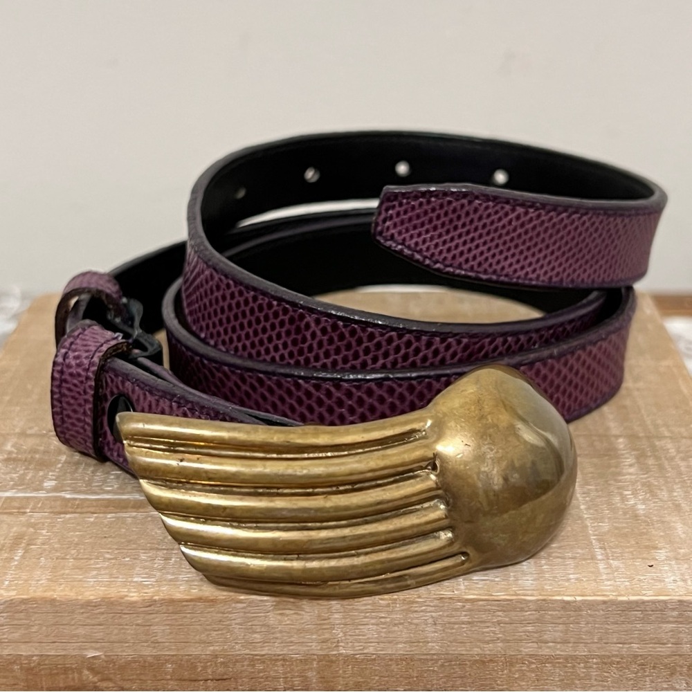 Deegan Designs Women’s Purple Lizard Leather Belt Bronze Buckle Vintage